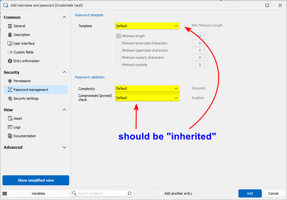 Password Management Should Be Set To Inherited By Default