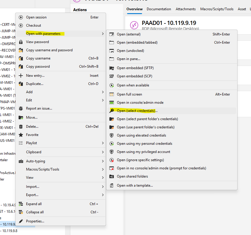 OPen with parameters - open (select credential) stopped working.